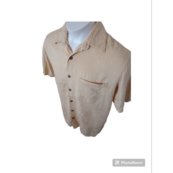 Caribbean Button Short Shirt Men Sz Large Silk Cotton Yellow Tropical Embossed - Picture 4 of 8